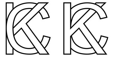 Logo işareti kc ve ck simgesi iki birbirine karışmış harf K, C vektör logosu kc, ck büyük harf şablon alfabesi k, c,