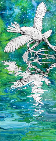 Cockatoo parrot reflected in water, mixed media artwork. White, blue, green.