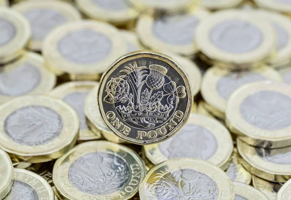 Yığın para ve bir İngiliz Lirası para geri.