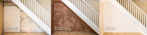 Before, during and after of wall under staircase. Text. — Stock Photo, Image