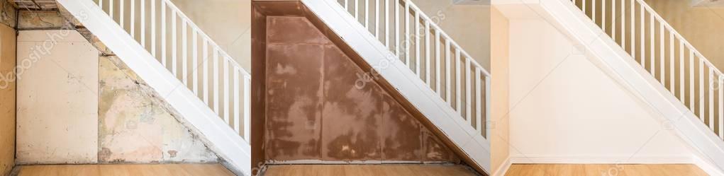 Progressive images of renovation under an old staircase.