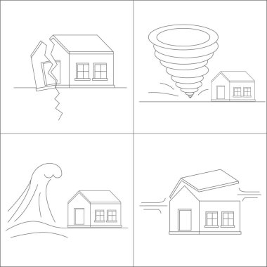 Dört doğal olayların evleri yok. Katastrofa.Tornado. Tsunami. Deprem. Kasırga Rüzgar. Vektör çizim.