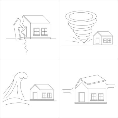 Four natural phenomena destroying homes. Katastrofa.Tornado. Tsunami. Earthquake. Hurricane winds. Vector illustration. clipart