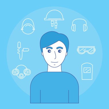 Image of man and icons of personal protective equipment sight, hearing, smell and head. Vector illustration. clipart