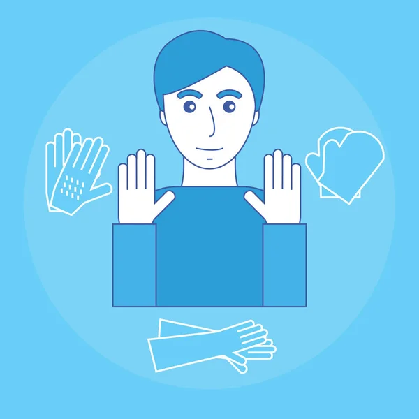 Afbeelding van een man en een handschoen ter bescherming van je handen. Persoonlijke beschermingsmiddelen voor de handen. Vectorillustratie. — Stockvector