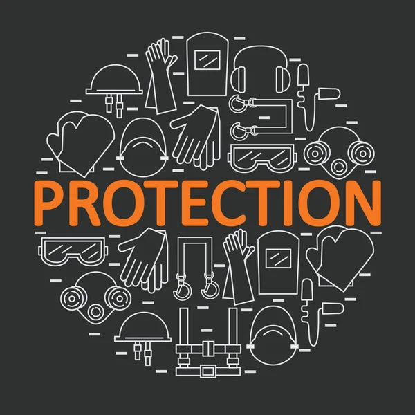 Kişisel koruyucu ekipman ile yuvarlak banner. Koruma sağlık ve vücut. Vektör çizim.