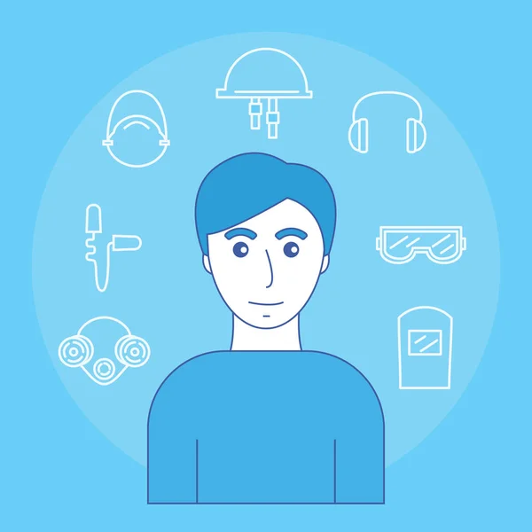 Imagem do homem e ícones de equipamentos de proteção individual visão, audição, cheiro e cabeça. Ilustração vetorial . Ilustração De Stock