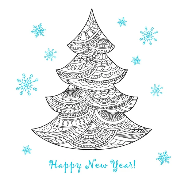 Weihnachtskarte mit handgezeichnetem geschmückten Tannenbaum — Stockvektor