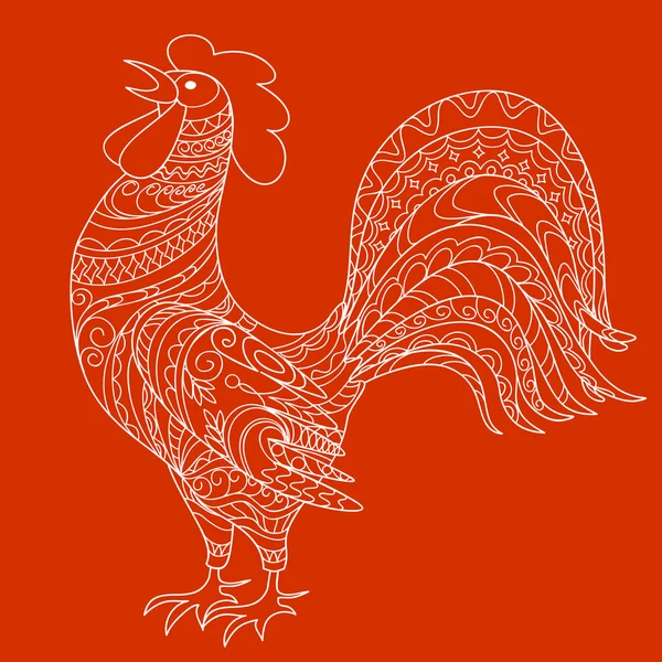 Isolated hand drawn decorated  rooster on red — Stock Vector