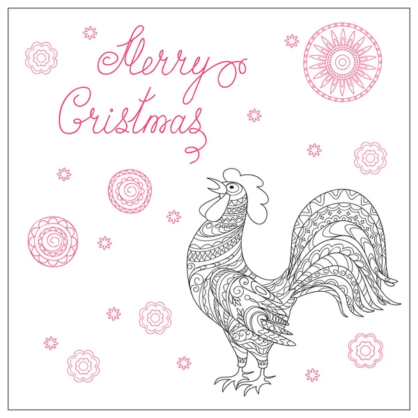 Christmas card with hand drawn decorated  rooster — Stock Vector