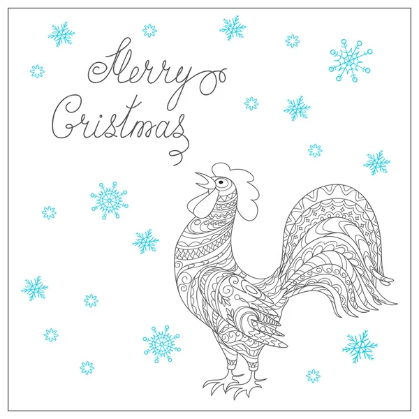 Christmas card with hand drawn decorated  rooster — Stock Vector