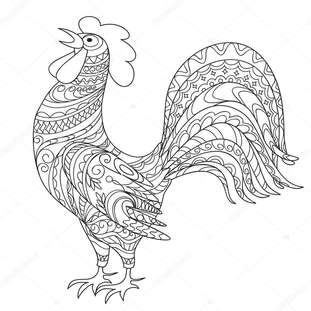 Isolated hand drawn decorated rooster
