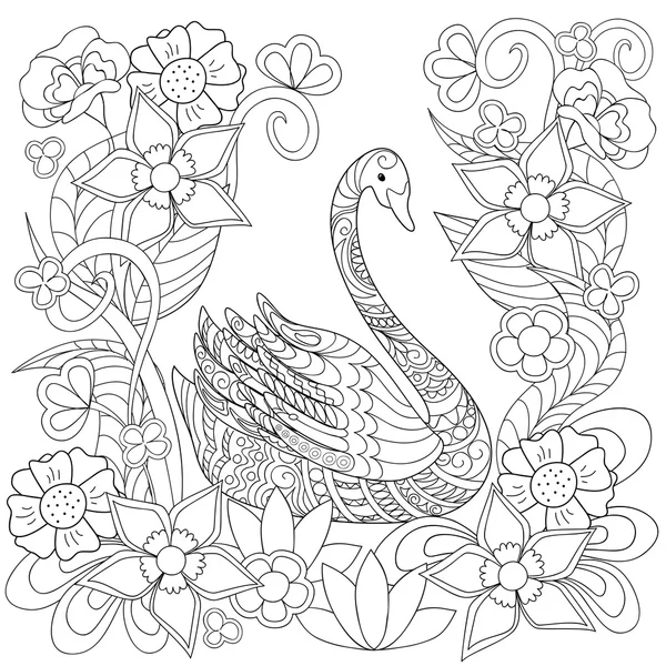 Cisne decorado a mano en flores de estilo étnico — Vector de stock