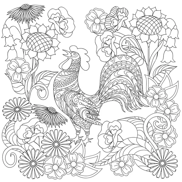 Hand gezeichneter geschmückter Hahn in Blumen im ethnischen Stil — Stockvektor