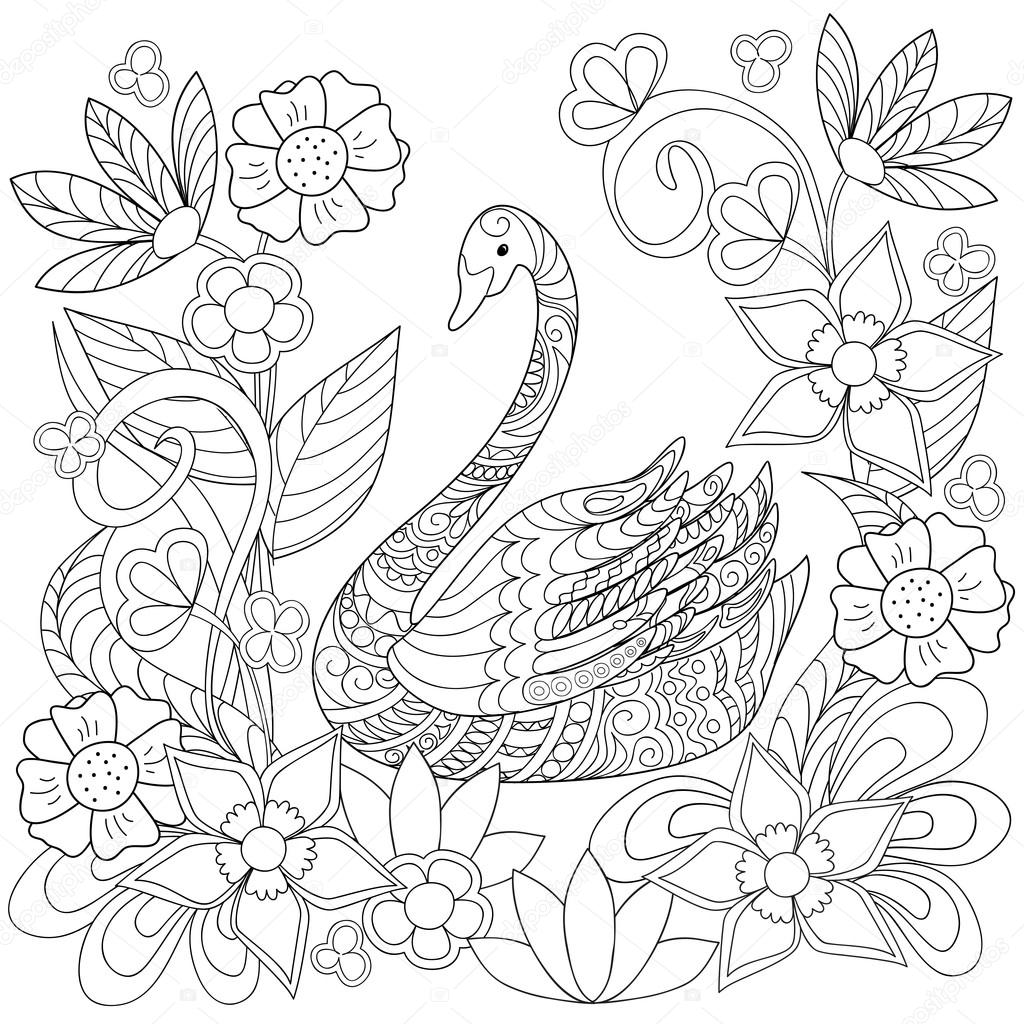 Hand drawn decorated swan into flowers in ethnic style