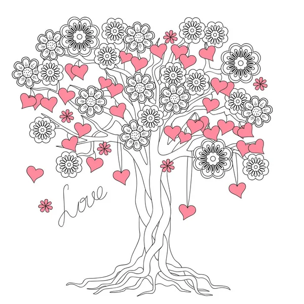 Baum der Liebe mit Wurzeln und Blumen — Stockvektor