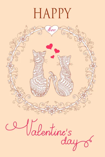 커플 고양이와 다채로운 발렌타인 카드 — 스톡 벡터