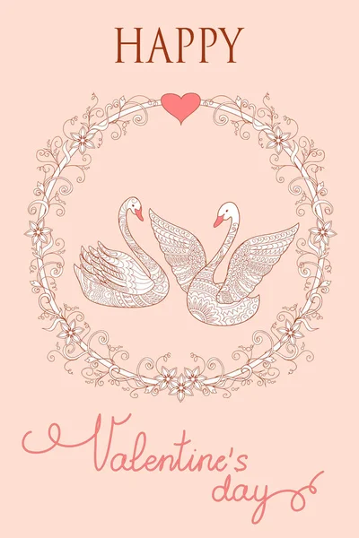 Kleurrijke Valentine kaart met koppel zwanen — Stockvector