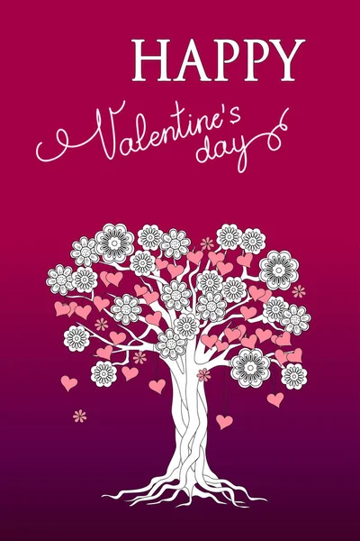 Veilchen-Valentinskarte mit Baum der Blumen und Herzen — Stockvektor