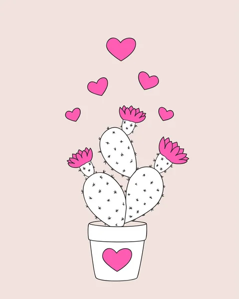 Kaktus i blomkrukan med rosa hjärtan — Stock vektor