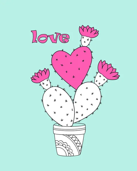 Cactus-heart in the flower pot with love — Stock Vector