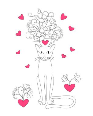Elegance güzel kedi Kupası, çiçek ve 2 hearts