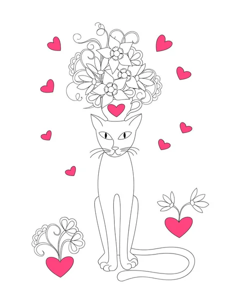 Elegância gato encantador com copo, flores e 2 corações — Vetor de Stock