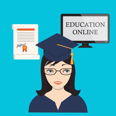 Kız, bilgisayar ekranı ve diploma ile online eğitim