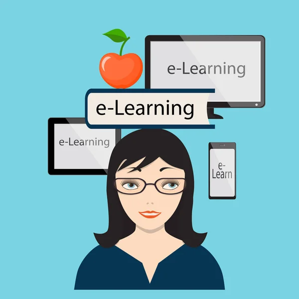 E-Learning avec fille et écran d'ordinateur — Image vectorielle