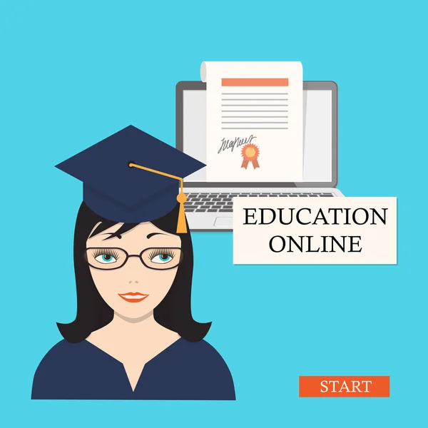 Start education online with girl, laptop and diploma — Stock Vector