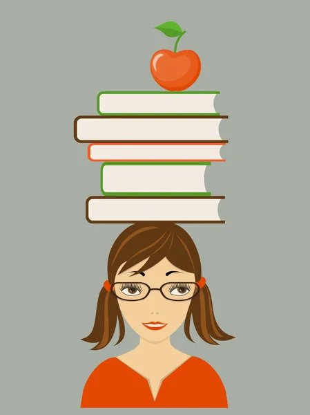 Bonita chica con libros en la cabeza — Vector de stock