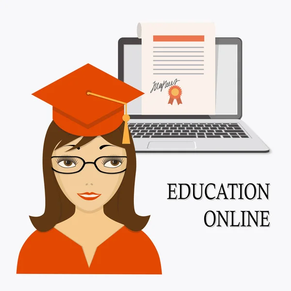 Educazione online con ragazza, laptop e diploma — Vettoriale Stock