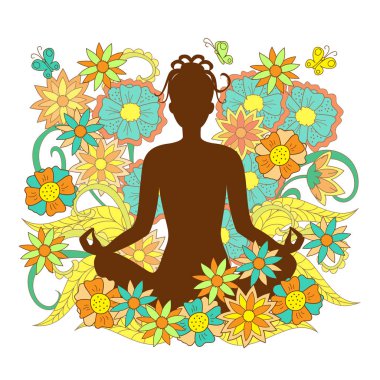 yoga lotus kahverengi siluet kız poz çiçek arka plan üzerinde