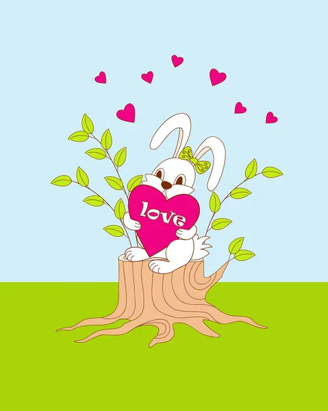 Cute cartoon bunny sitting on the stump with hearts — Stock Vector