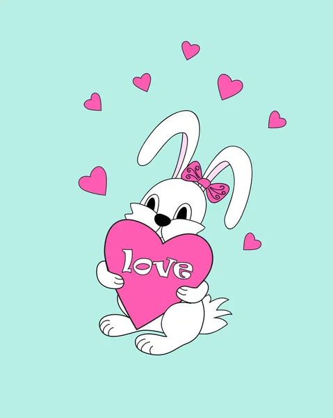 Blanco lindo conejito de dibujos animados mantener el corazón con amor — Vector de stock