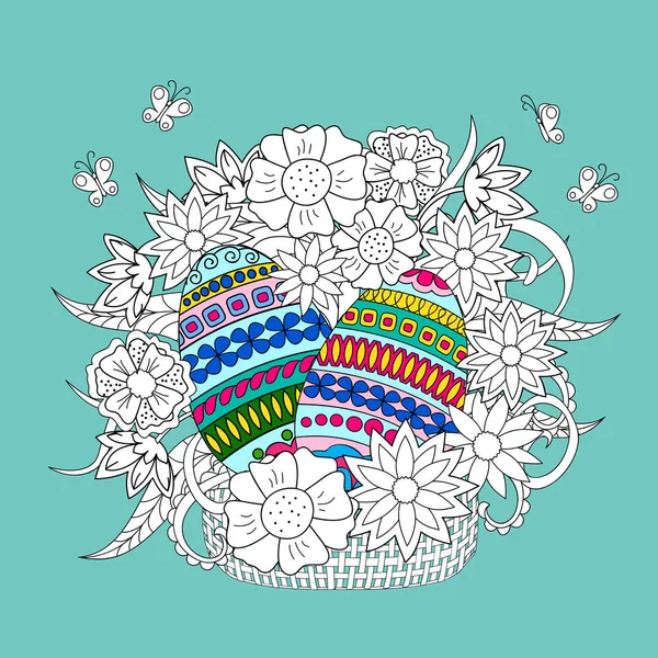Ovos ornamentais coloridos e flores de rabiscos na cesta — Vetor de Stock