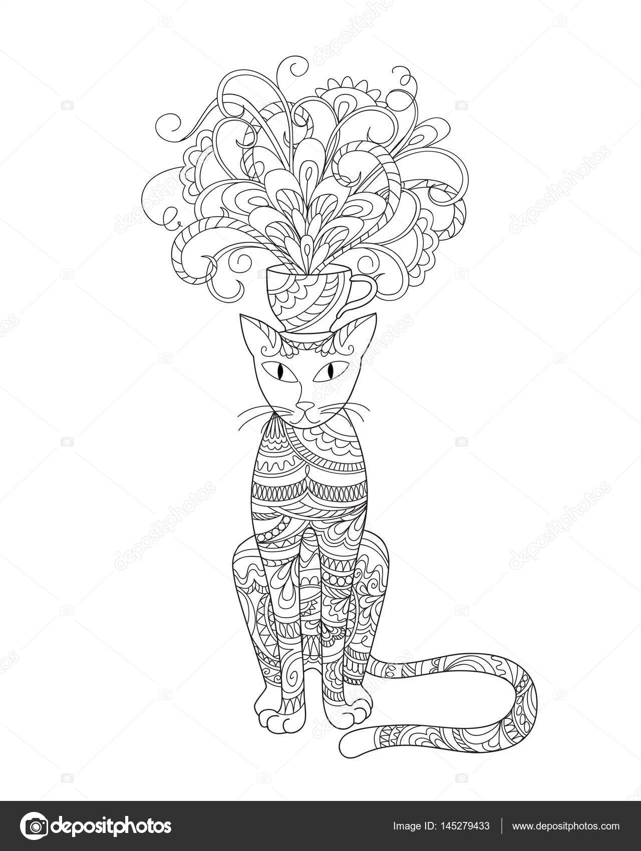 Gatto ornamentale disegnati a mano in stile zen con i fiori di doodle per decorare piatti porcellana ceramica stazionario adulto libri da colorare