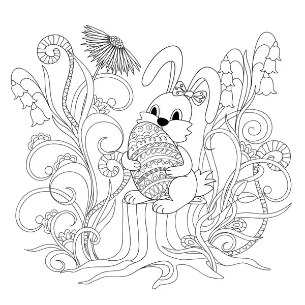 Lindo conejito de dibujos animados sentado en el muñón con huevo ornamental — Vector de stock