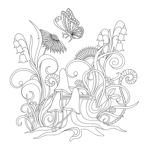 Fleurs, souche avec racines et papillon — Image vectorielle