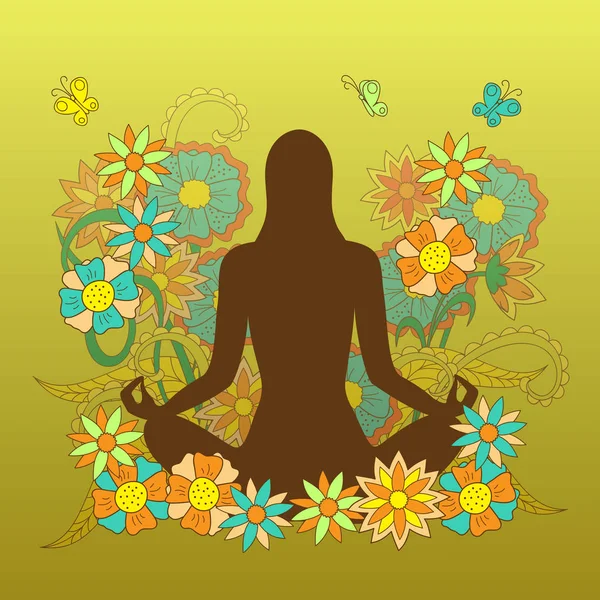 Carte avec silhouette fille en pose de lotus de yoga sur fond floral — Image vectorielle