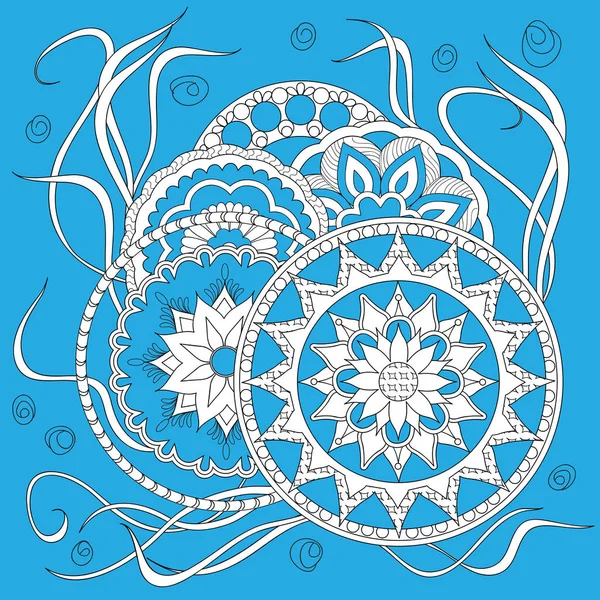 Blanc sur imprimé bleu avec mandalas — Image vectorielle