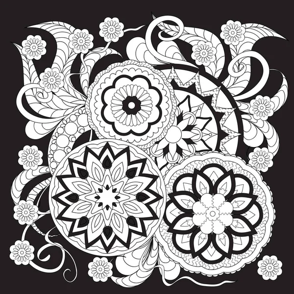 Impresión en negro con mandalas y flores blancas — Vector de stock