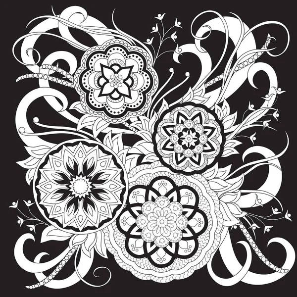 Schwarzer Druck mit weißen Mandalas, Blättern und Blumen — Stockvektor