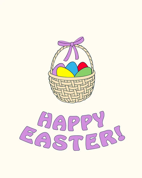 Felice Pasqua con uova di Pasqua nel cestino — Vettoriale Stock
