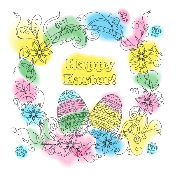 Tarjeta de Pascua colorida con huevos estampados, marco floral y butte — Vector de stock