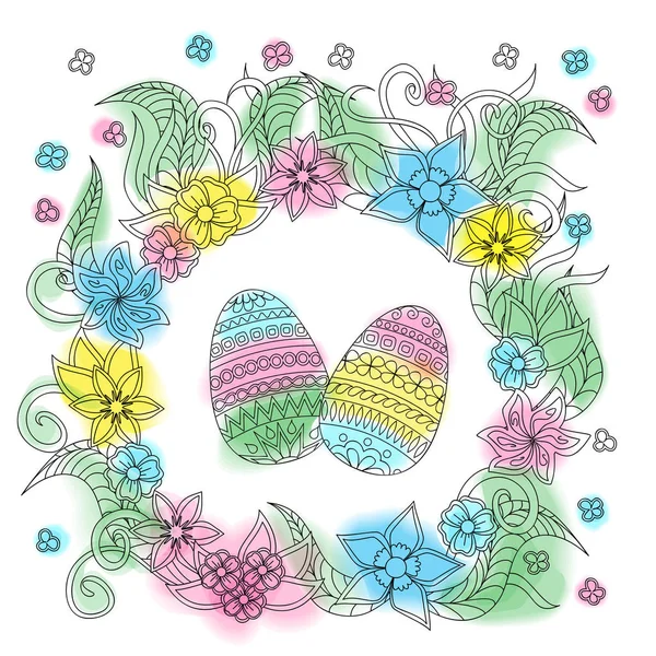 Cartão de Páscoa colorido com ovos estampados e moldura floral — Vetor de Stock