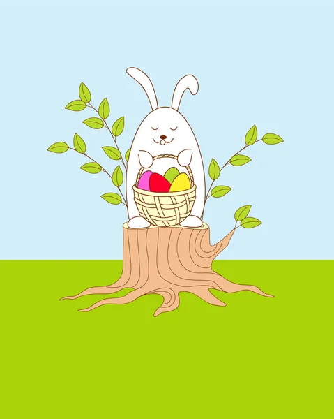 Funny easter bunny aanbrengen op de stomp met een mandje — Stockvector