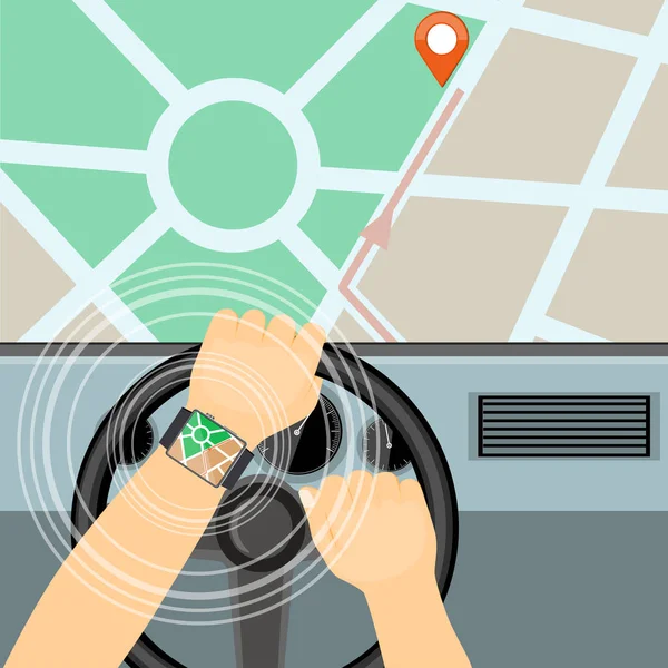 Mobile navigator na inteligentny zegarek do samochodu i mapy — Wektor stockowy