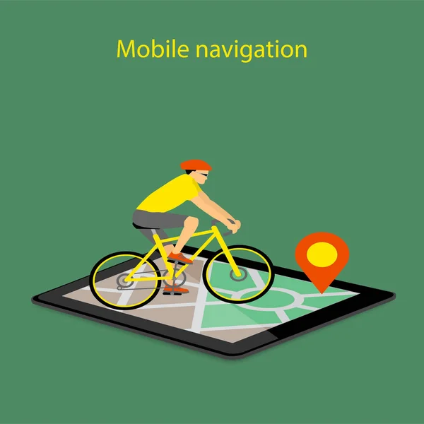 Mobiele navigatie op tablet met kaart, pointer en fiets — Stockvector