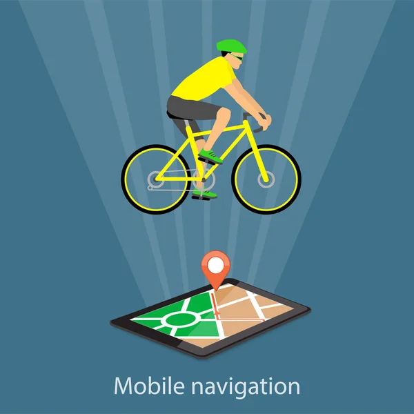 Navegación móvil en tableta con mapa, puntero y ciclista — Archivo Imágenes Vectoriales